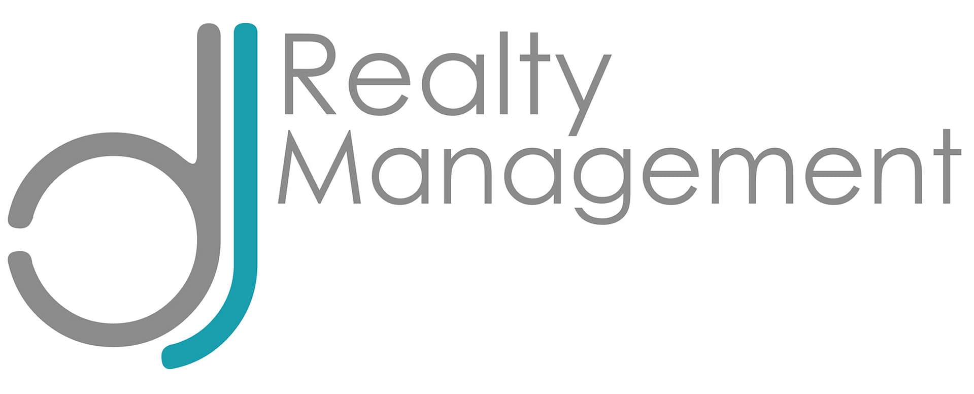 DJ Realty Management logo in gray and teal, with a modern monogram and clean wordmark for Boston's North End apartments and property management.