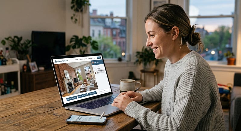A person in a gray knit sweater reviews Boston Home Link apartment listings on a laptop while planning a Boston North End move remotely.