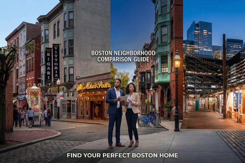 On a Boston city street with brick buildings and blue sky, two professionals stand with documents while “Boston Neighborhood Comparison Guide” text appears.